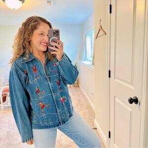 Vintage LifeStyle Blue Denim Ice Skating Embroidered Jacket Large